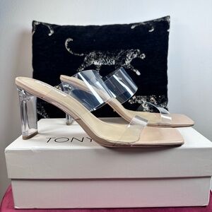 Like new Tony Bianco Chicago Sandal Clear Vinylite & Skin Nappa mid high heel